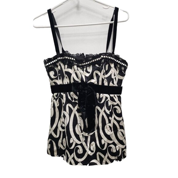 Nanette Lepore Womens Sleeveless Bustier Top Sz 8 Black Ivory Silk Blend Printed - Picture 1 of 9
